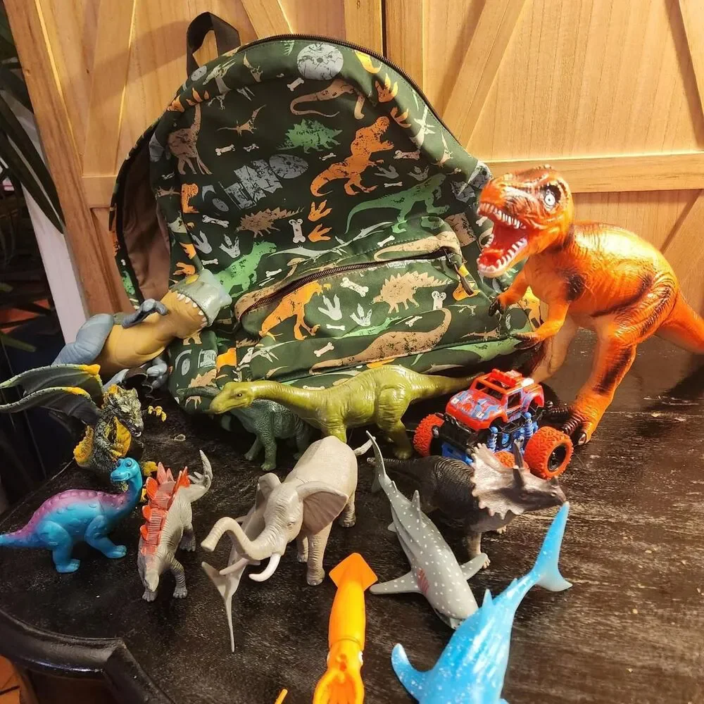 Dinosaur bookbag with dinosaur toys